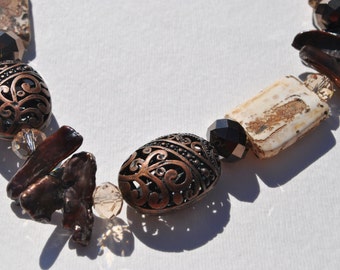 Copper focal necklace set with brown matte agate stones and stick pearls, Czech glass and crystals