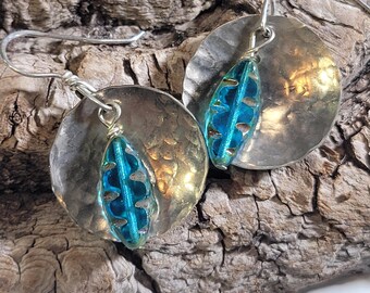 German silver earrings with teal blue Czech glass beads , hammered metal earrings, artisan