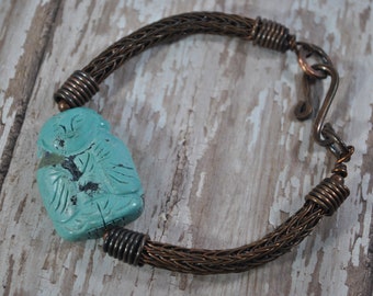 Copper Viking Knit and Turquoise Buddha bracelet, wire jewelry, handcrafted, unisex