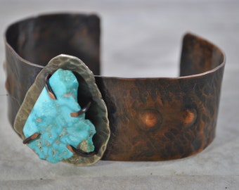 Turquoise stone copper cuff,  rustic copper bracelet, metal work, boho