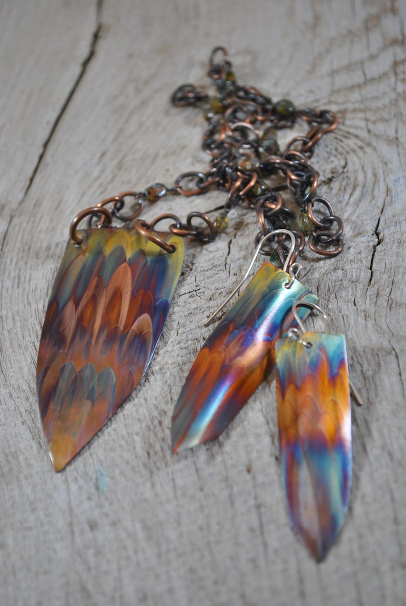 Flame Painted Copper pendant necklace set unique jewelry colorful OOAK gift