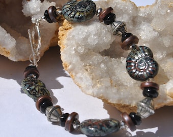 Ammonite Czech glass bracelet in black and brown with sterling silver beads and crystals