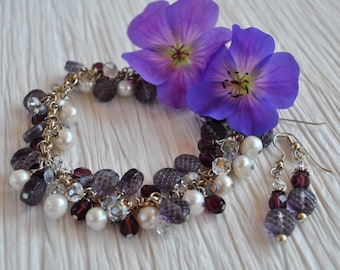 Purple Dangle Bracelet set with sterling silver, pearls, Czech glass and crystals, Lavender bracelet