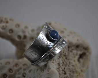 Sterling silver and lapis adjustable ring, textured metal, boho, wide band, vine design, sterling jewelry, handcrafted