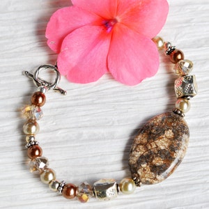 Bracelet set of brown and cream Turtle shell jasper with crystals, pearls and sterling silver, gemstone bracelet, natural stone bracelet