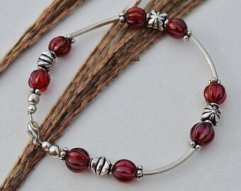 Sterling Silver Bracelet Set with wine colored Czech glass beads, sterling silver Bali beads, sterling silver tube beads