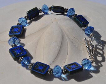 Intricately carved denim blue Czech glass and cystal bracelet set, Cobalt blue bracelet