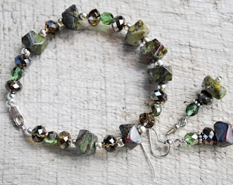 Green Dragon blood jasper Bracelet set with crystals and sterling silver, gemstone bracelet, forest green bracelet