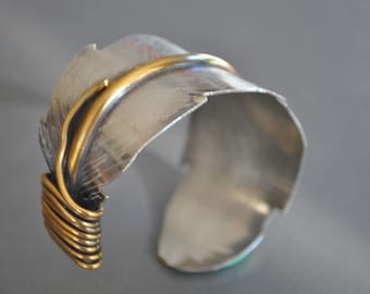 Feather mixed metals sterling silver cuff ,  sterling and brass bracelet, metal work, boho, unisex