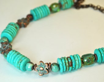 Southwestern Turquoise, teal Czech glass, Greek Mykonos copper flowers necklace set