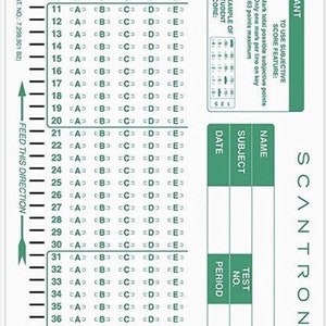 May include: A green and white Scantron answer sheet with a grid of 50 multiple choice questions. The sheet is designed for instructors to grade subjective scores. The sheet includes a key for scoring and instructions for using the sheet.