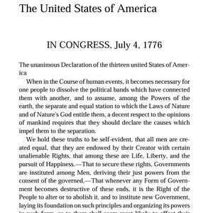 以下が含まれることがあります： 「アメリカ独立宣言」と題された印刷された文書。テキストには「1776年7月4日」の日付と、独立宣言の冒頭部分が含まれています。