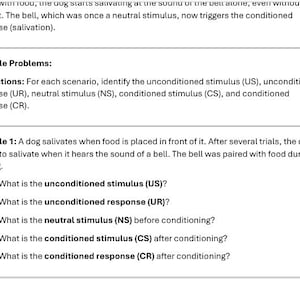 May include: A black and white text-based worksheet with instructions for identifying the unconditioned stimulus, unconditioned response, neutral stimulus, conditioned stimulus, and conditioned response in a scenario involving a dog salivating at the sound of a bell.