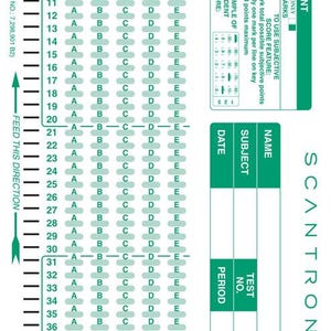 May include: A Scantron test form with multiple-choice answer bubbles, numbered 1-50. The form includes sections for subjective scoring, student information, and test details. Instructions are printed on the right side.