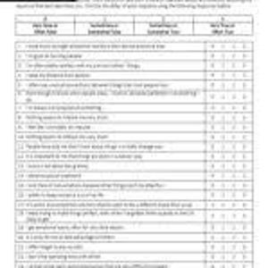 Puede incluir: Un cuestionario con 20 preguntas sobre la autoestima. Cada pregunta tiene una escala de 1 a 5, donde 1 es "Nada en absoluto" y 5 es "Muchísimo".