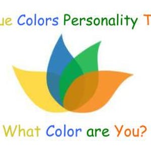 May include: True Colors Personality Test logo with a stylized flower design in blue, green, yellow, and orange. The text "What Color are You?" is below the flower.