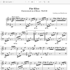Op de afbeelding: Muziekblad voor "Für Elise" van Ludwig van Beethoven. De titel en de naam van de componist staan bovenaan. De muzieknotatie is zwart op een witte achtergrond, met muzieksymbolen en noten.