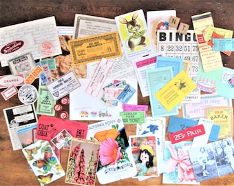 Vintage Paper Ephemera Pack 50 Piece Grab Bag of Small Vintage Embellishments Game Cards Stamps Tickets Collage Junk Journal Ephemera