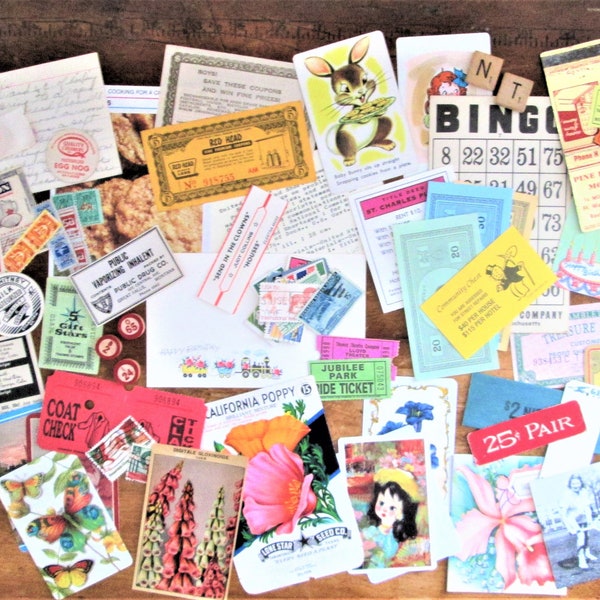 Vintage Paper Ephemera Pack 50 Piece Grab Bag of Small Vintage Embellishments Game Cards Stamps Tickets Collage Junk Journal Ephemera