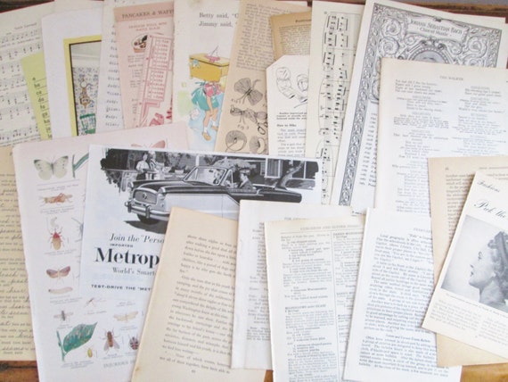 Vintage Paper Ephemera Pack Book Paper 100 Pages Mixed Lot Music Dictionary  Fiction Non-fiction Children Vintage Images and Photos 