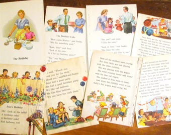 Vintage Paper Ephemera Children's Birthday Party Theme Vintage Book Paper Pages Colorful Illustrations Journaling Collage Card Making