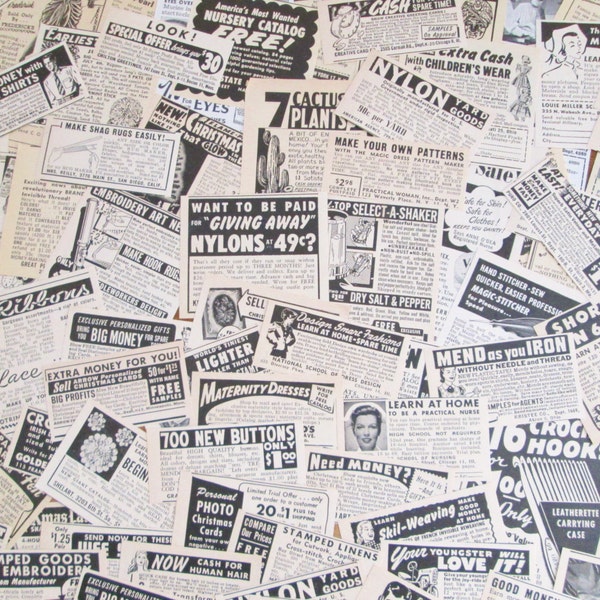 Vintage 1950's Magazine Advertisements Lot of 50 Black & White Ad Clippings Vintage Images Nostalgic Paper Ephemera Pack