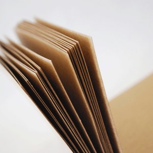 May include: Close-up of a brown paper notebook with the pages fanned out.