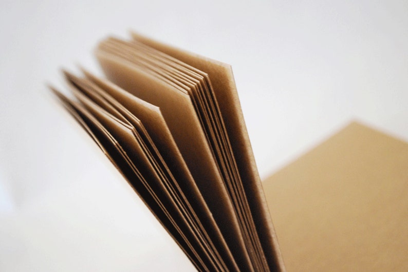 May include: Close-up of a brown paper notebook with the pages fanned out.