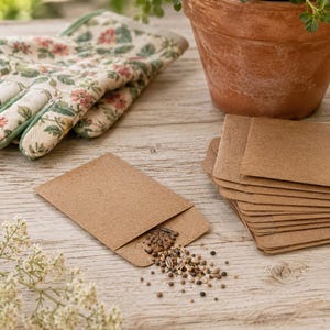 Pode incluir: Uma pilha de envelopes retangulares de papel kraft castanho para sementes, com um envelope aberto a derramar uma variedade de pequenas sementes castanhas e bege, acompanhado por luvas de jardinagem com padrão floral e um vaso de terracota.