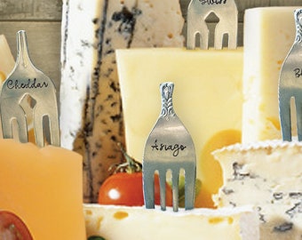 Charming Custom Cheese Marker Forks, Meat Label Forks, Hand-Stamped, Up-Cycled, Cheese Lover, Wine Tasting, Wedding, Housewarming, Hostess