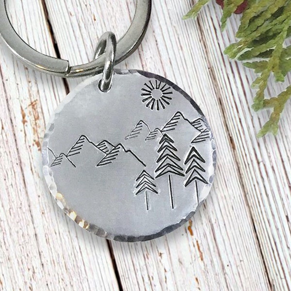 Blissful Mountain Scene Keychain, inspirational, hiking, mountains, birthday, biking, off-road, back country, skier