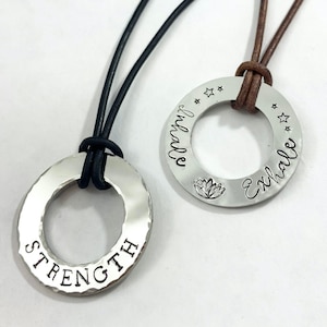 Personalized Men&#39;s Women&#39;s Washer Necklace, Stainless Steel, Hand-Stamped, Genuine Leather Cord or Soft Vegan Suede