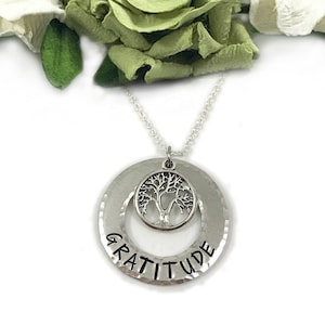 Gratitude Necklace With Nature Charm, hand-stamped, hammered, nature lover