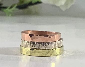 Textured Tree Bark Ring, 3 mm, artisan, hand-hammered, men's ring, women's ring, nature lover, sterling, copper, NuGold