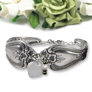 Up-cycled Vintage Flatware Bracelet with Heart Charm and Beads, stainless steel, handmade