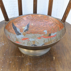 Vintage brass enamel shallow bowl handcrafted birds in a pond - Made in India