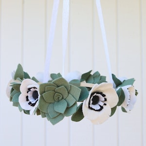 Sale- Ready to Ship - Enchanting Baby Girl Boy Mobile Crib Wool Felt White Black Anemone Succulent Flowers Woodland  Nursery Decor Crib