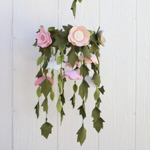 Baby Girl Crib Mobile Floral Nursery Pinks Ivory Wool Felt Flower Anemone Woodland Whimsical Decor Bohemian Leaves