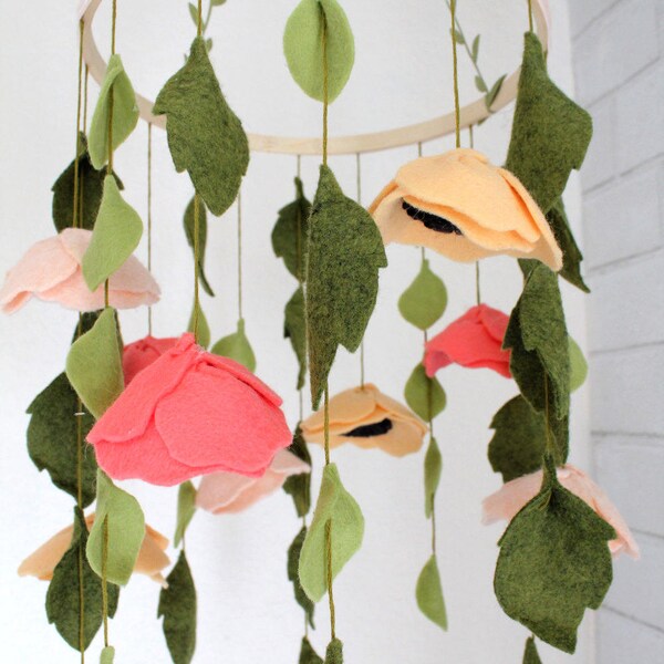 Baby Girl Mobile Nursery Crib Decor Flowers Floral Enchanting Wool Felt Anemone Flower Bloom Woodland Whimsical