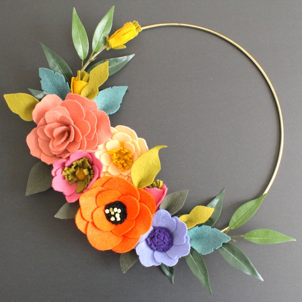 Enchanting Wool Felt Flowers Gold Ring - Home Decor - Door Wreath - Nursery - Wall Decor - Elegant - Wreath