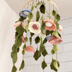 Baby Girl Mobile Flowers Nursery Crib Decor THE ELEANOR Wool Felt Anemone Floral Bloom Gold Trimmed Boho Chic