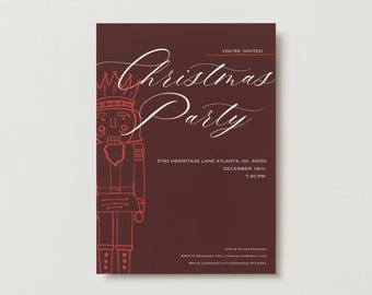 May include: A red and white Christmas party invitation with a stylized illustration of a nutcracker. The invitation includes the text "You're Invited", "Christmas Party", "5783 Hermitage Lane Atlanta, GA 30033", "December 18th", "7:30 PM", "RSVP by December 10th", "[email protected]" and "White Elephant Gift Exchange Optional".