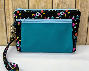 Teal & Black Wristlet, Geometric Print with Solid Teal Lining, Fully Lined, Top Zipper, Front Zip Pocket, Detachable Strap, Ready to Ship