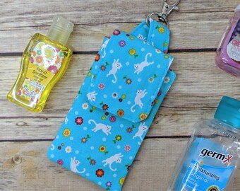 Hand Sanitizer Case, Blue Cat Print Cotton Fabric, Snap Closure, Great for Backpacks, Bags, Belt Loop, and Purses, Washable, Made in USA