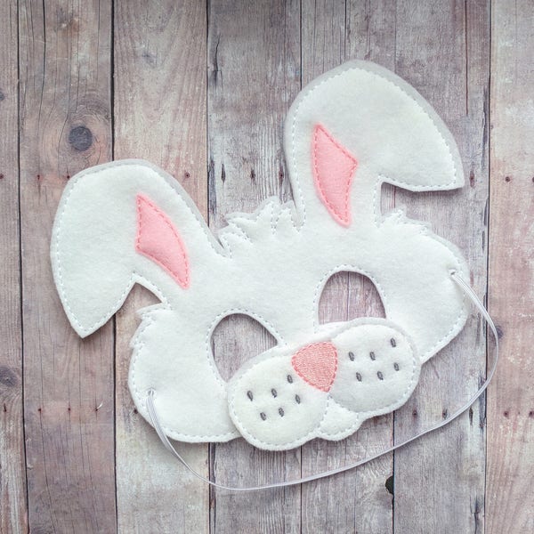 Bunny Felt Mask, White and Pink Acrylic Felt, One Size, Elastic Back, Easter Mask, Costume, Dress Up Animal Mask, Photo Booth Prop