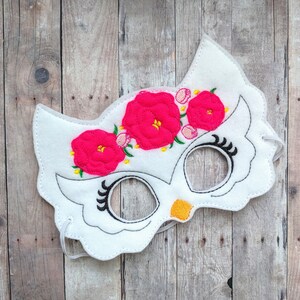 Floral Owl Felt Mask in Choice of 2 Sizes, White or Gray Acrylic Felt with Embroidery, Elastic Back, Kids Costume, Photo Booth Prop image 2