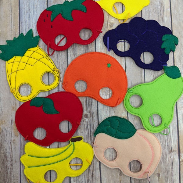 Fruit Felt Mask, Choose from 9 Fruits, Acrylic Felt with Embroidery, One Size, Elastic Back, Halloween Costume, Photo Booth Prop, Fruit Mask