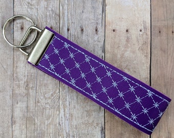 Purple and Light Blue Key Fob Wristlet, Embroidered Vinyl with Star Design, Metal Hardware and Key Ring, Carry Keys on Wrist, Gift for Teen