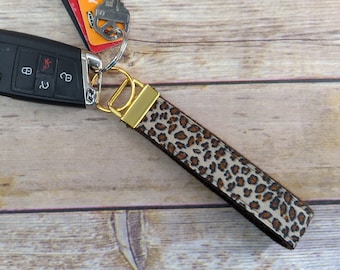 Leopard Print Key Fob Wristlet, Webbing & Ribbon with Gold Metal Hardware and Key Ring, 4.5" Long, Carry Keys on Wrist, Gift for Teen