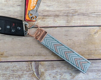 Gray Chevron Key Fob Wristlet, Embroidered Vinyl with Rose Gold Metal Hardware and Key Ring, 4.5" Long, Carry Keys on Wrist, Gift for Teen